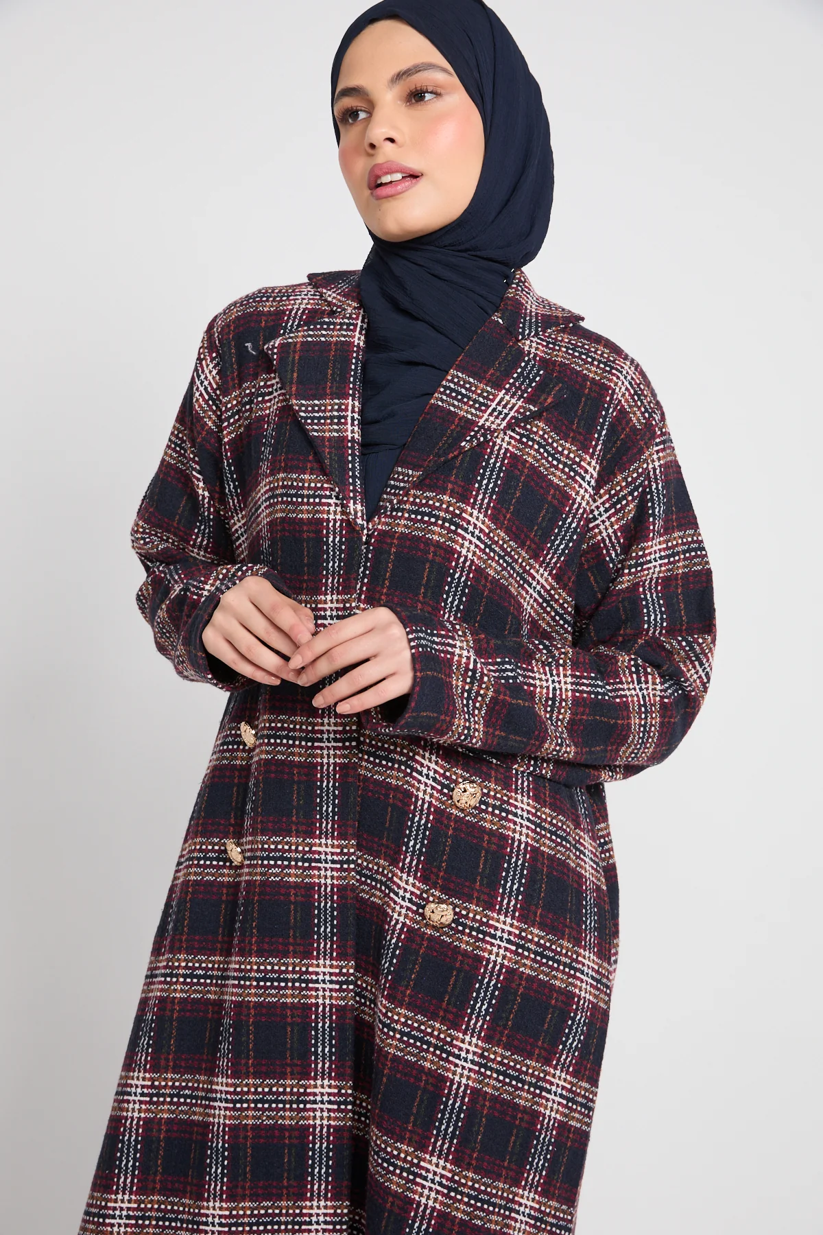 Premium Heritage Plaid Coat Abaya – Winter Berry- LIMITED EDITION - Image 2