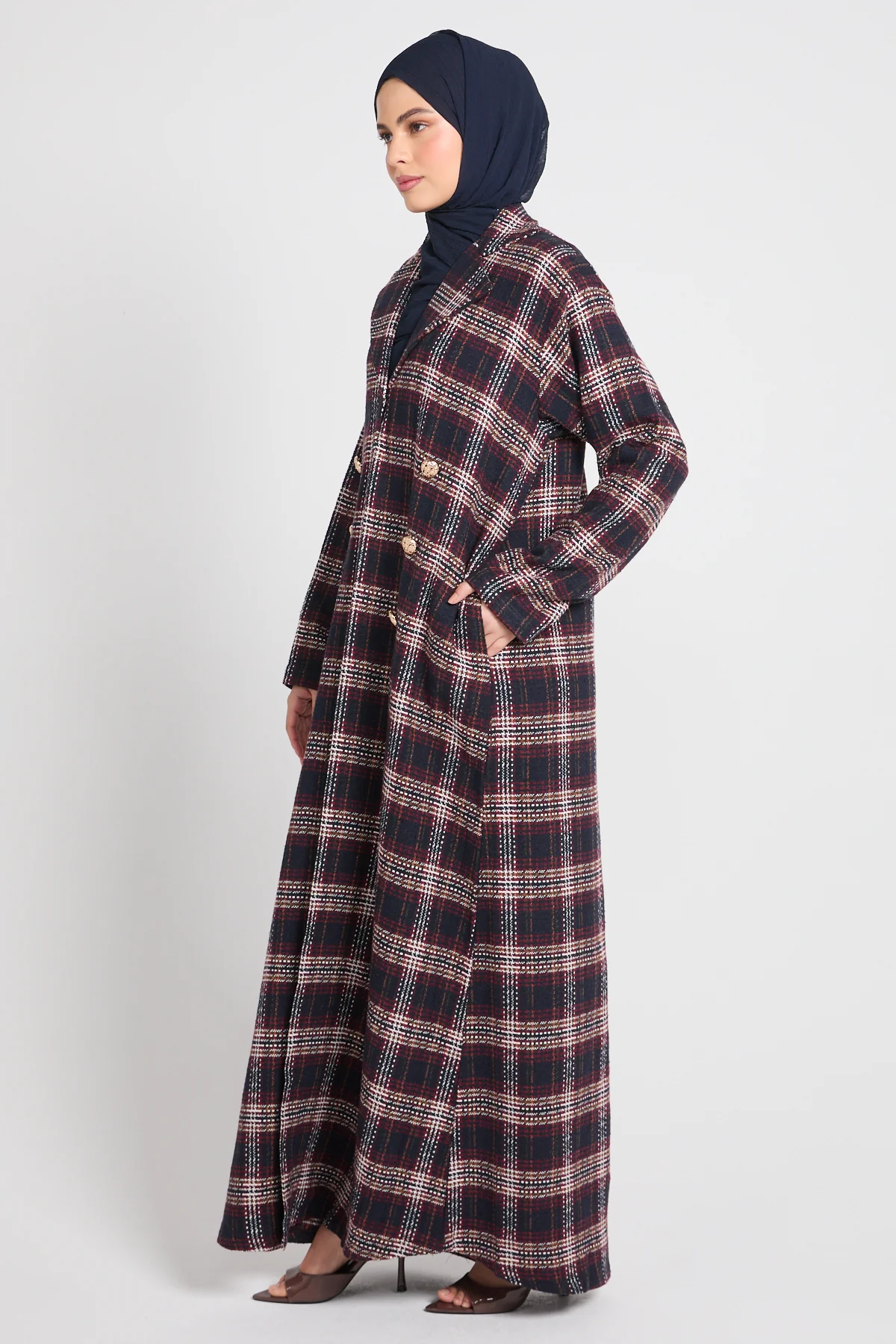 Premium Heritage Plaid Coat Abaya – Winter Berry- LIMITED EDITION - Image 3