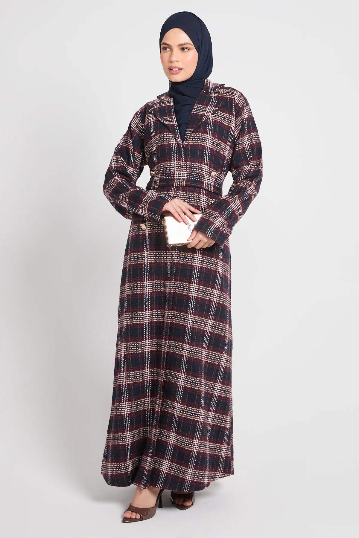 Premium Heritage Plaid Coat Abaya – Winter Berry- LIMITED EDITION - Image 4