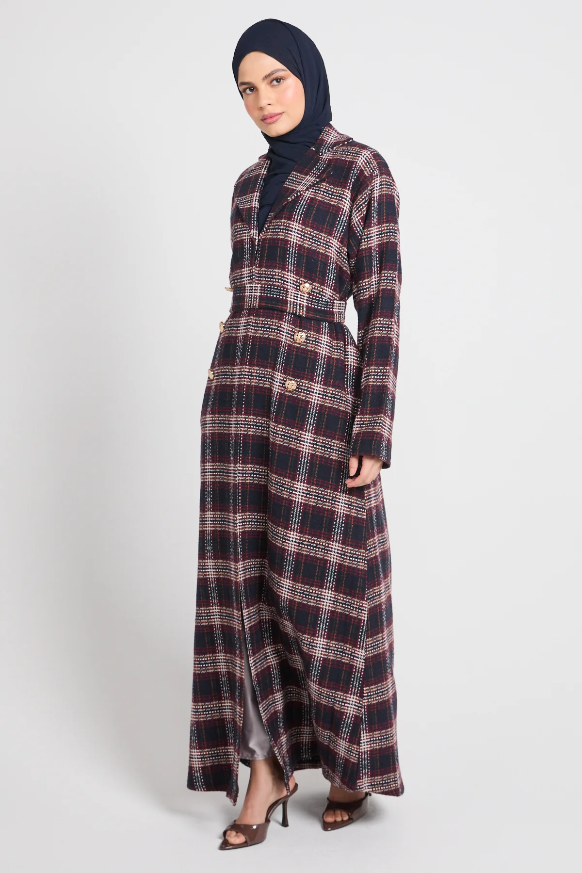 Premium Heritage Plaid Coat Abaya – Winter Berry- LIMITED EDITION - Image 5