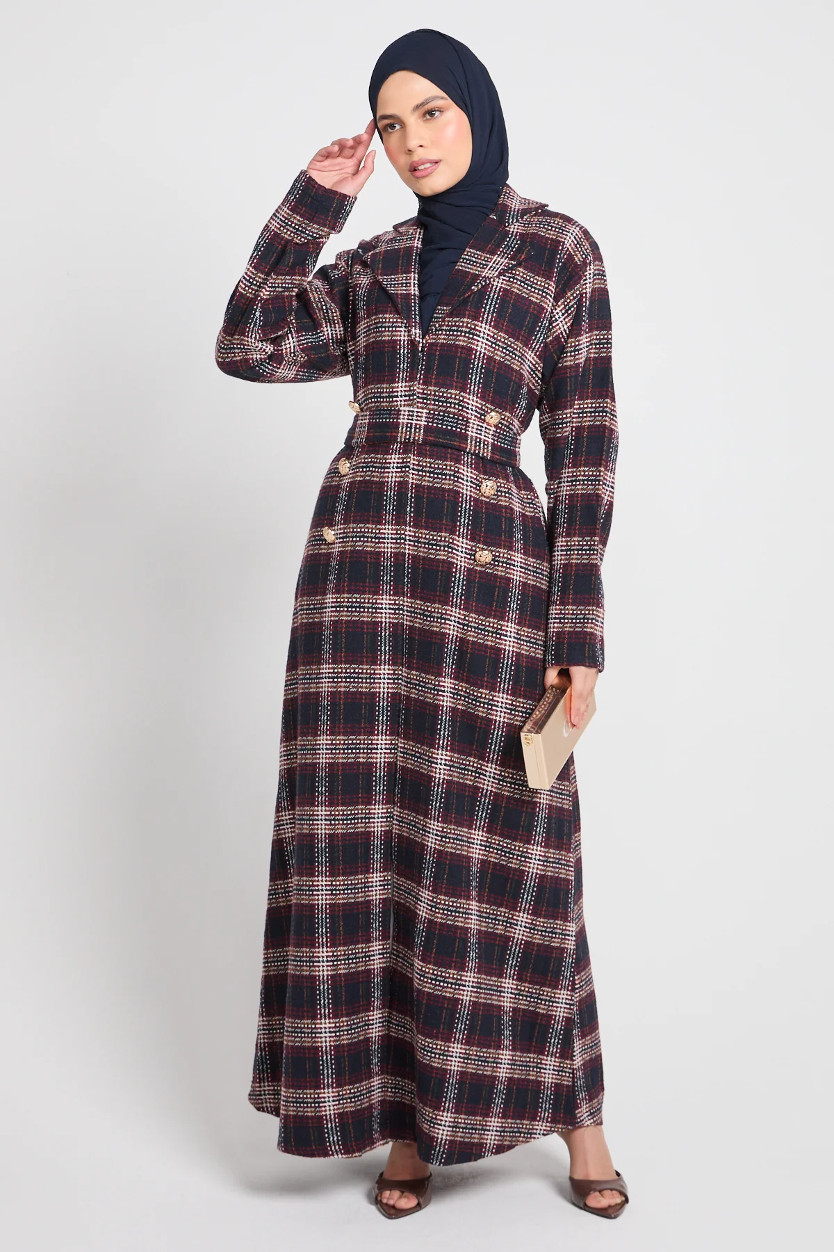 Premium Heritage Plaid Coat Abaya – Winter Berry- LIMITED EDITION - Image 6