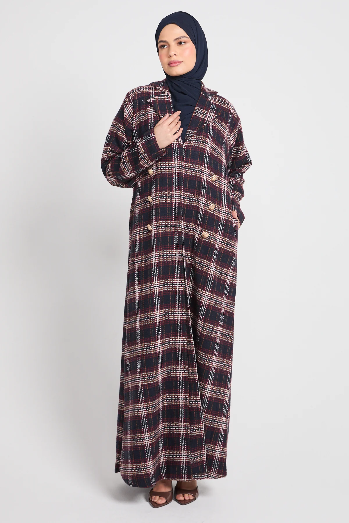 Premium Heritage Plaid Coat Abaya – Winter Berry- LIMITED EDITION - Image 9