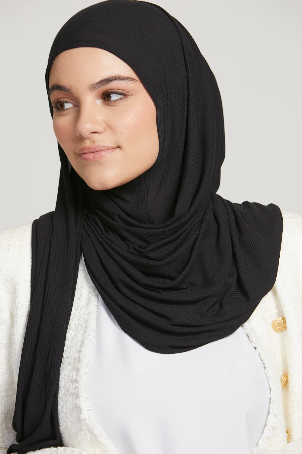 Premium Instant Bamboo Ribbed Jersey Hijab - Black - Image 3