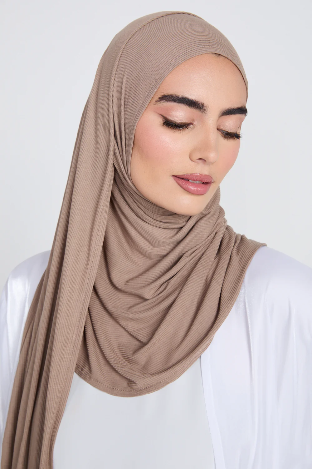 Premium Instant Bamboo Ribbed Jersey Hijab - Dusty Taupe - Image 3