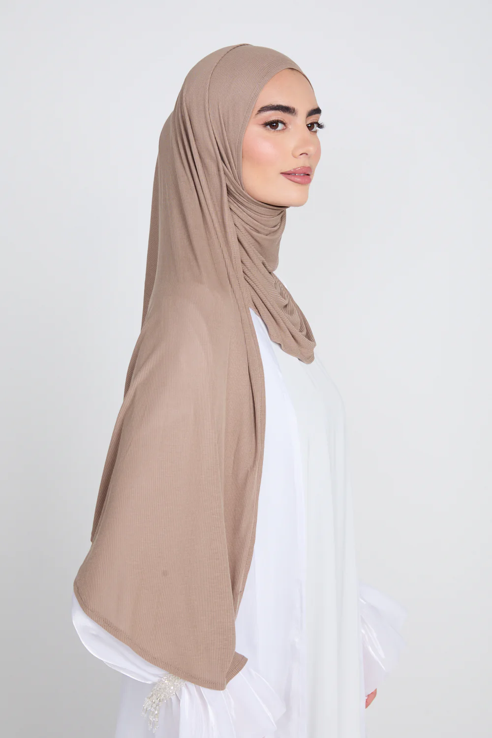 Premium Instant Bamboo Ribbed Jersey Hijab - Dusty Taupe - Image 4