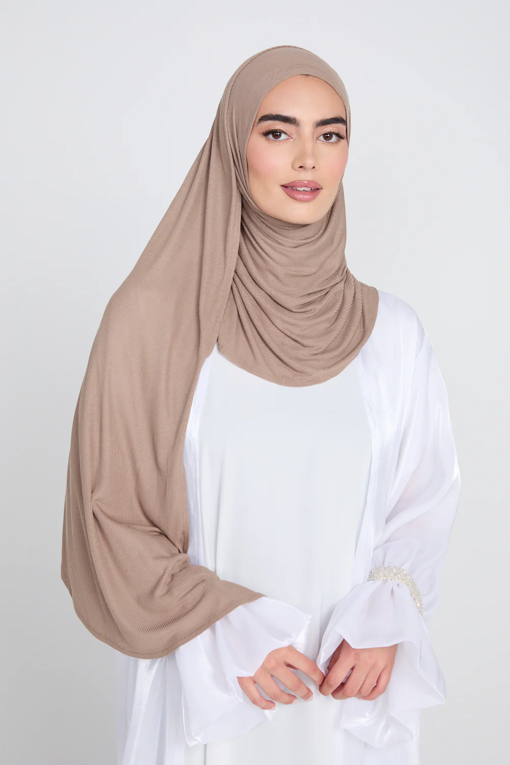 Premium Instant Bamboo Ribbed Jersey Hijab - Dusty Taupe - Image 5