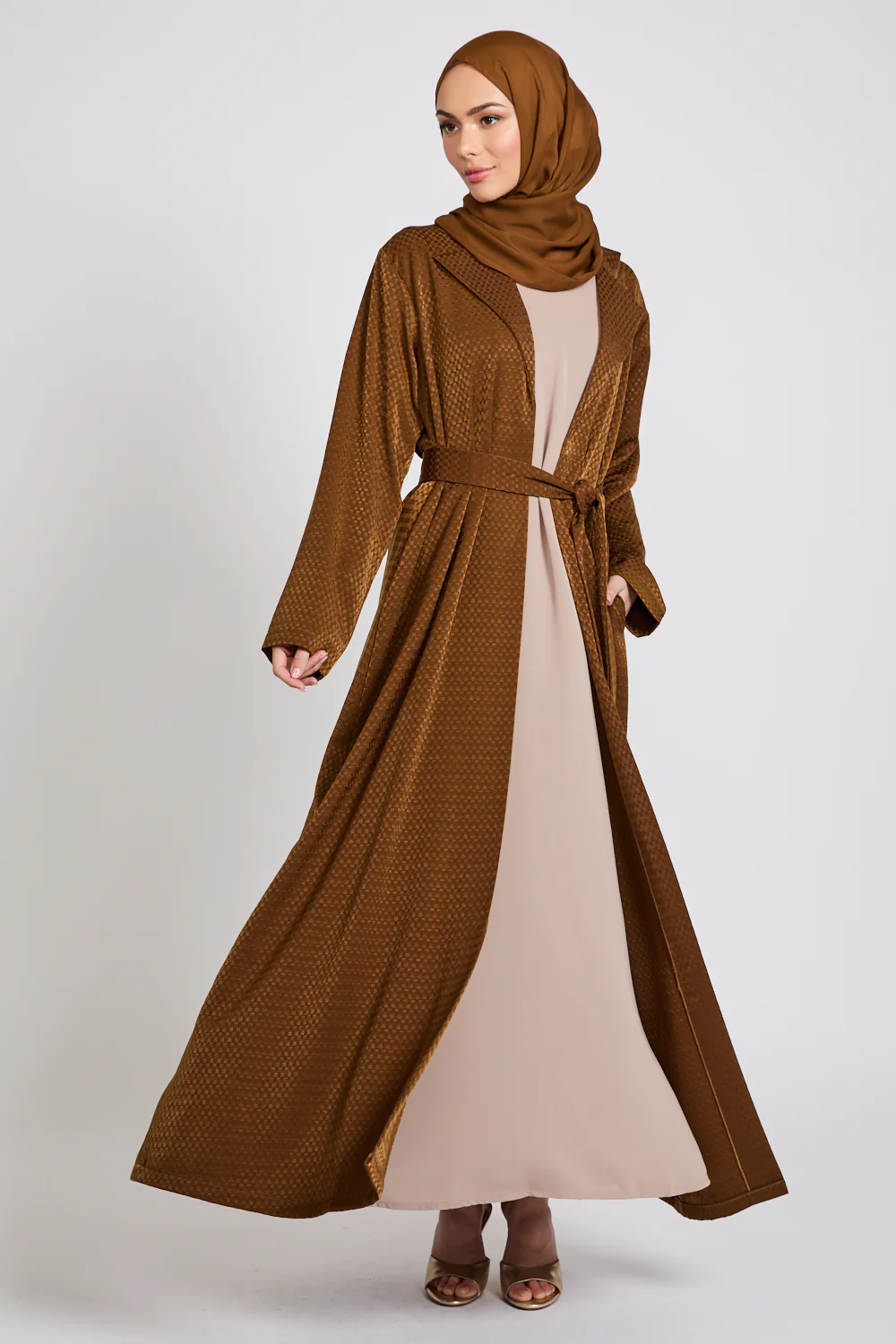 Premium Jacquard Blazer Open Abaya - Brushed Bronze - Image 4
