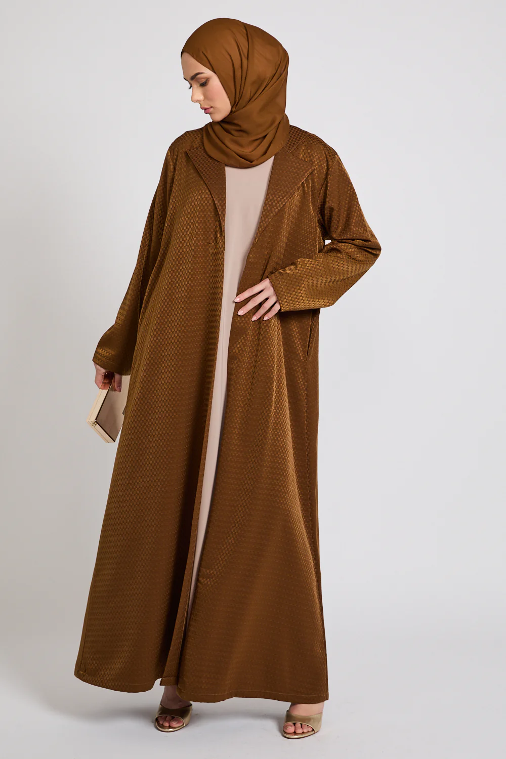Premium Jacquard Blazer Open Abaya - Brushed Bronze - Image 5