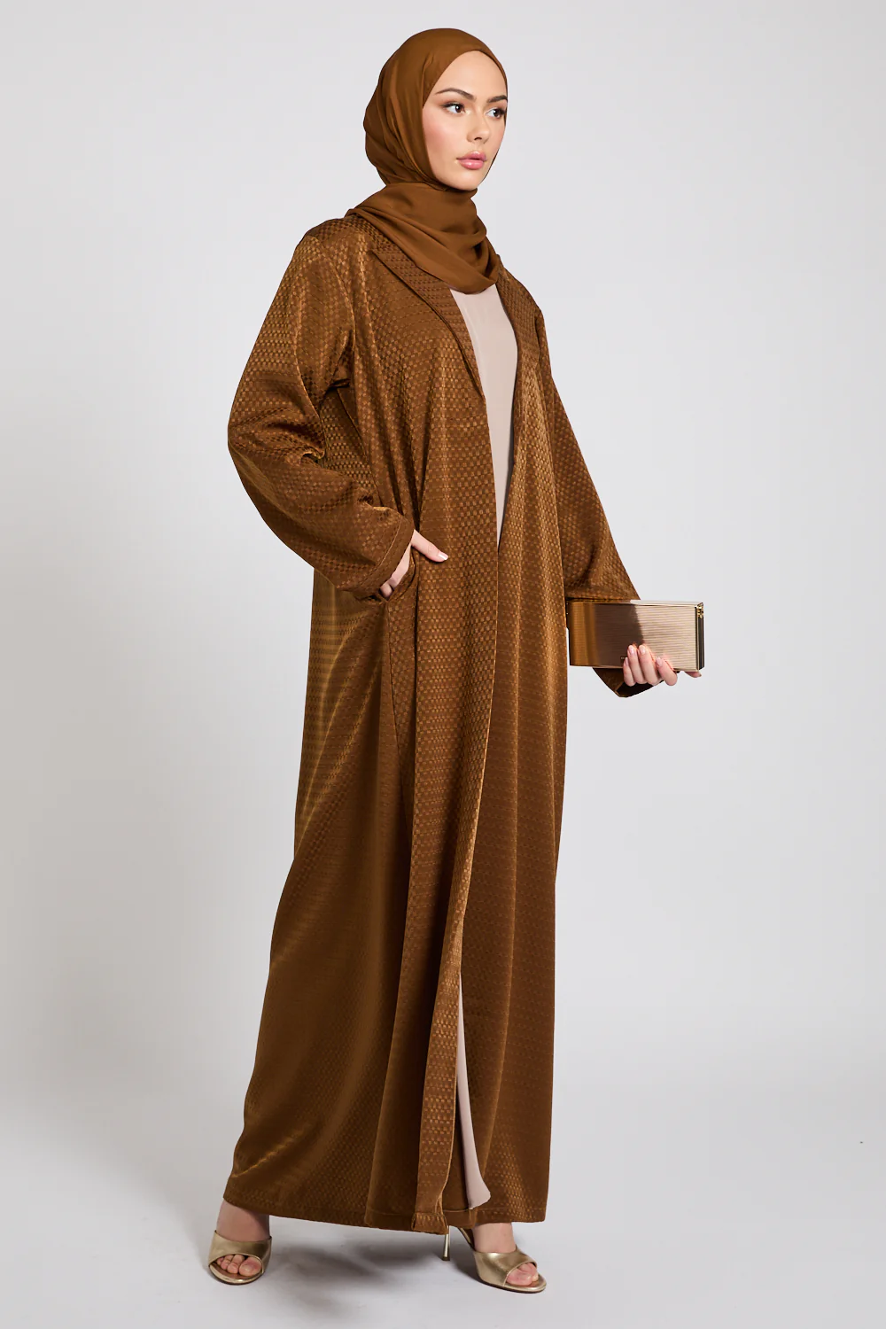 Premium Jacquard Blazer Open Abaya - Brushed Bronze - Image 7