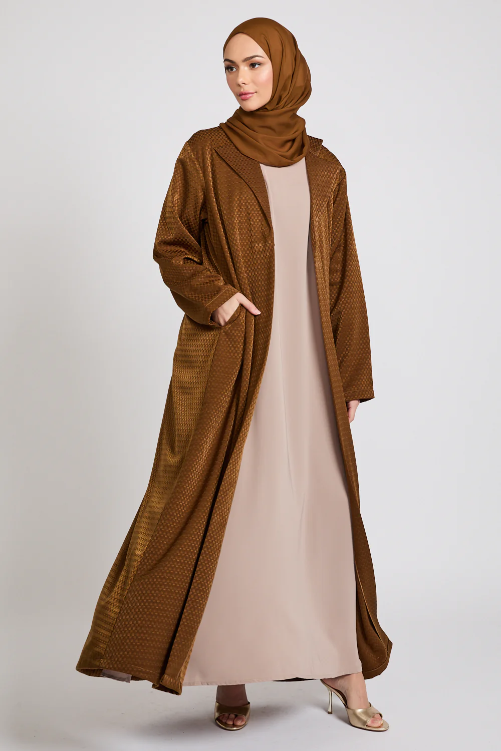 Premium Jacquard Blazer Open Abaya - Brushed Bronze - Image 8