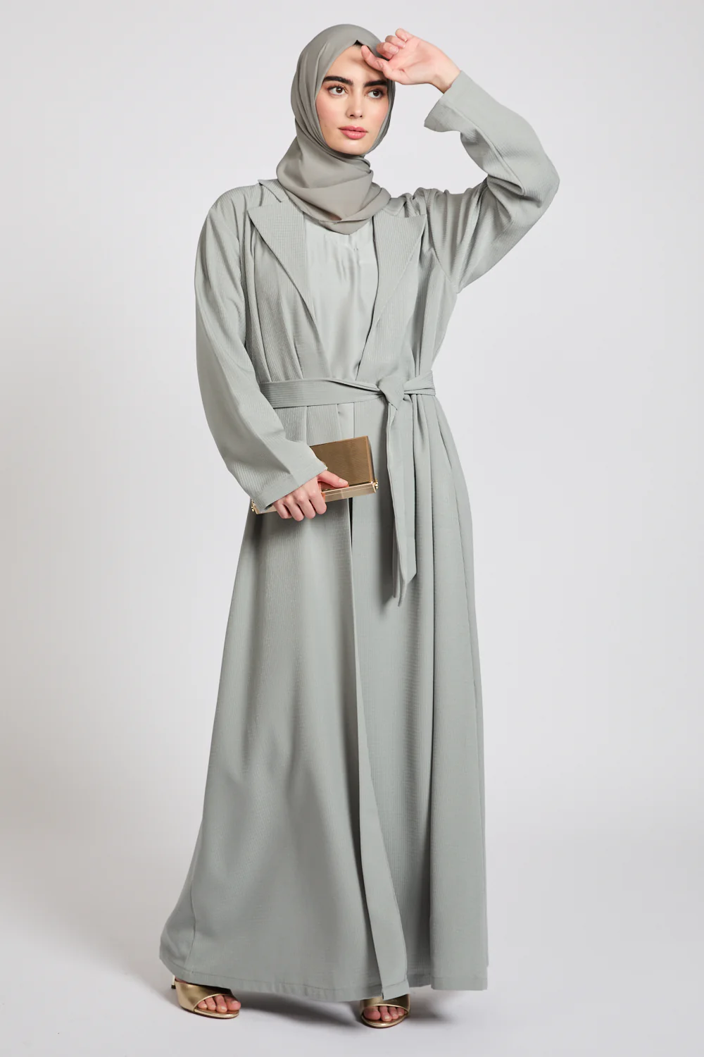 Premium Jacquard Blazer Open Abaya - Smoky Sage - Image 3