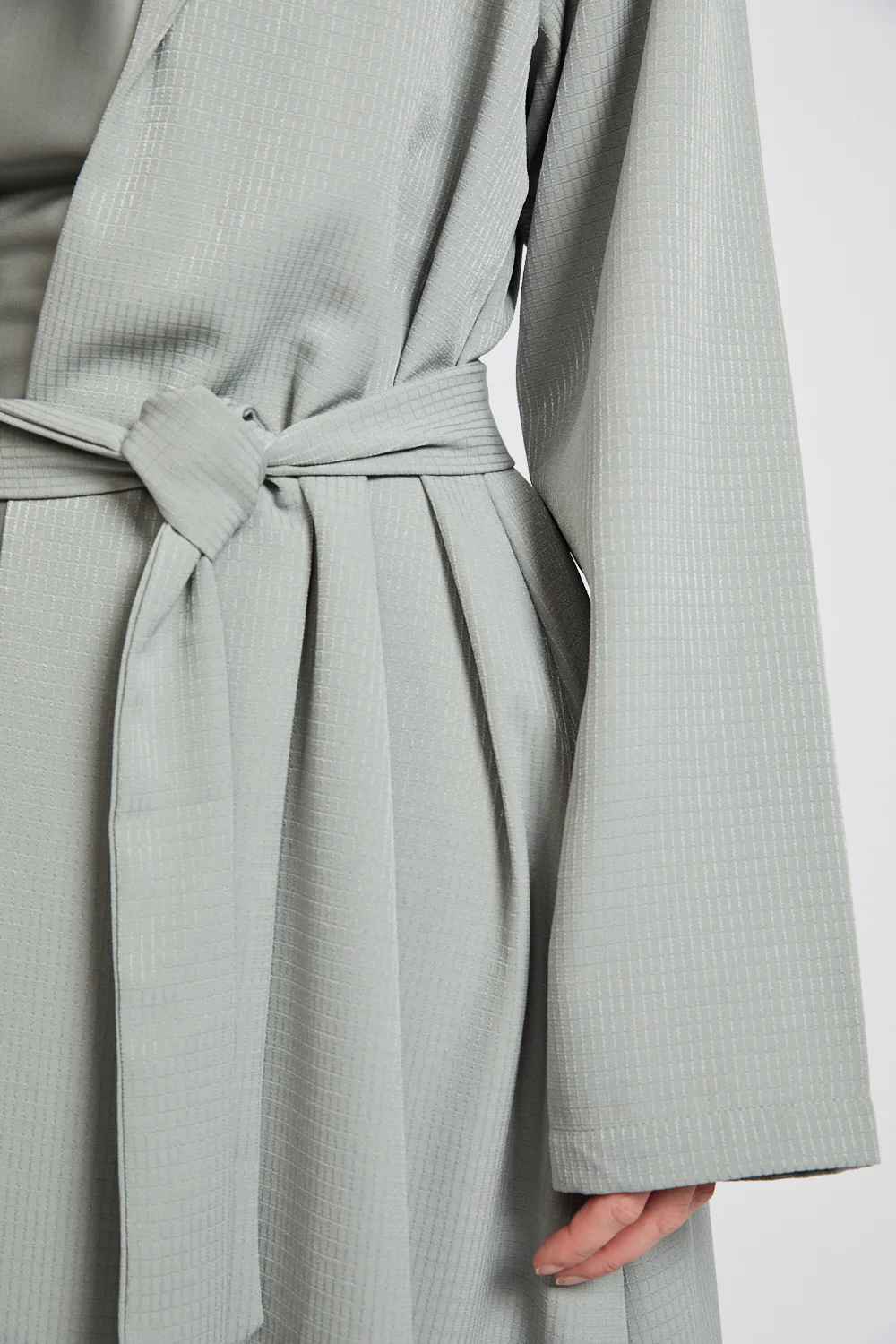 Premium Jacquard Blazer Open Abaya - Smoky Sage - Image 4