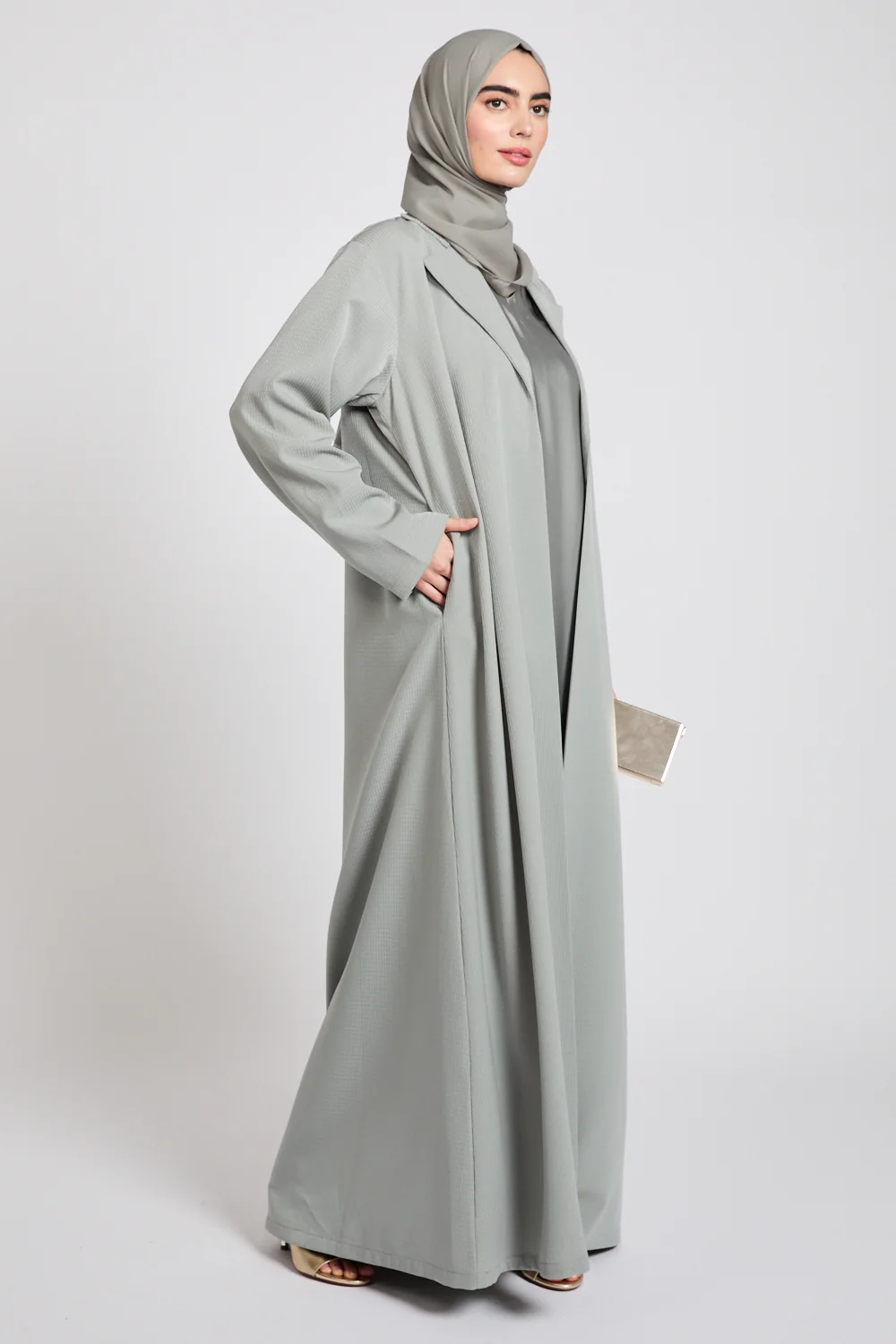 Premium Jacquard Blazer Open Abaya - Smoky Sage - Image 5