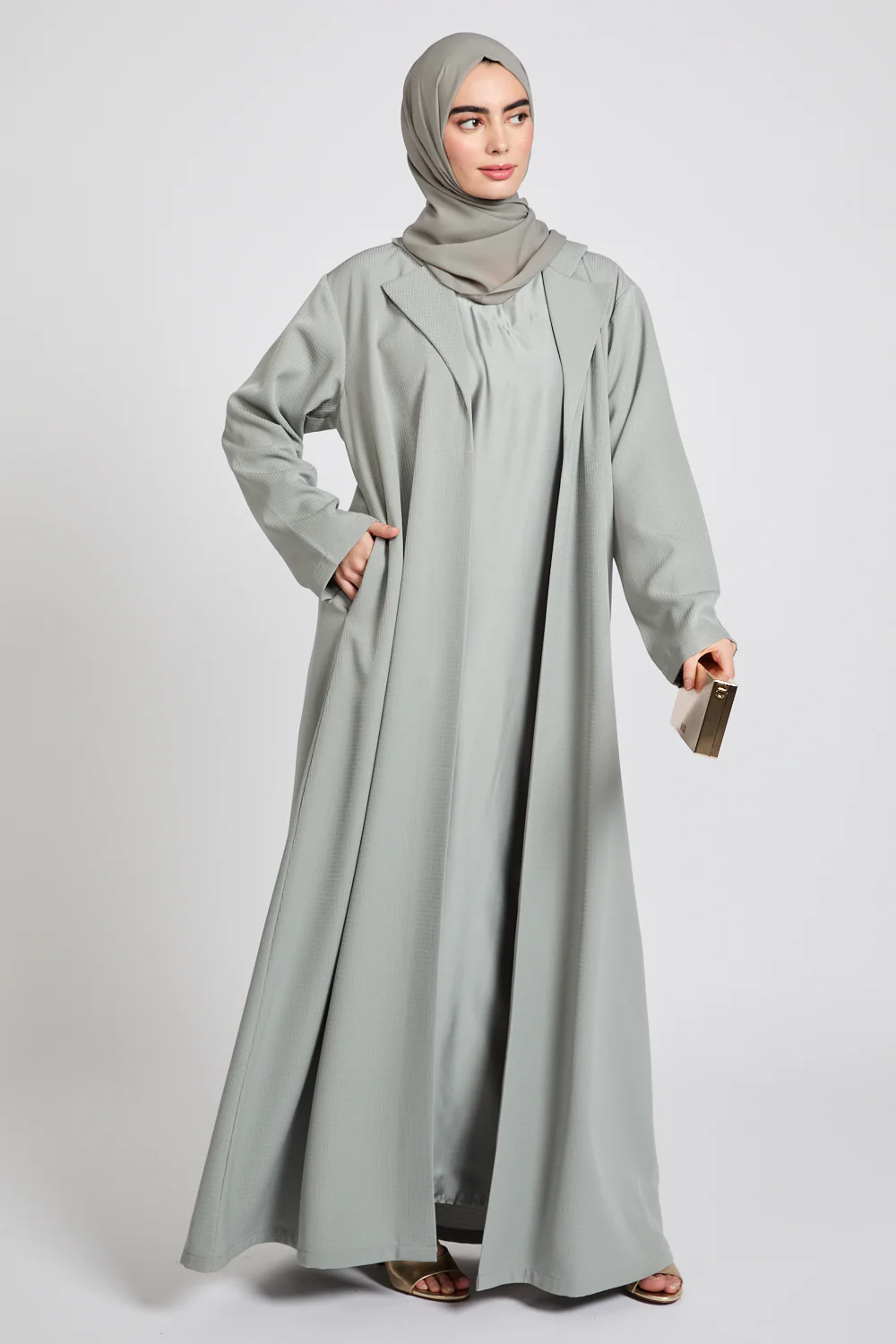 Premium Jacquard Blazer Open Abaya - Smoky Sage - Image 6