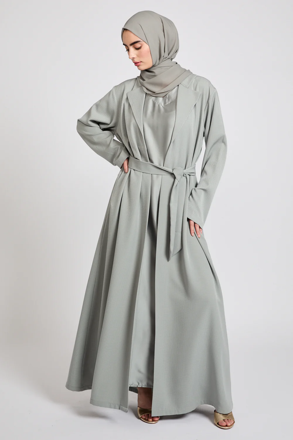 Premium Jacquard Blazer Open Abaya - Smoky Sage - Image 7