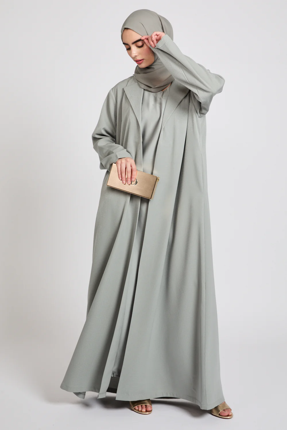 Premium Jacquard Blazer Open Abaya - Smoky Sage - Image 8