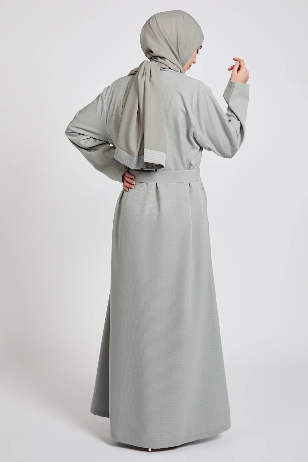 Premium Jacquard Blazer Open Abaya - Smoky Sage - Image 9