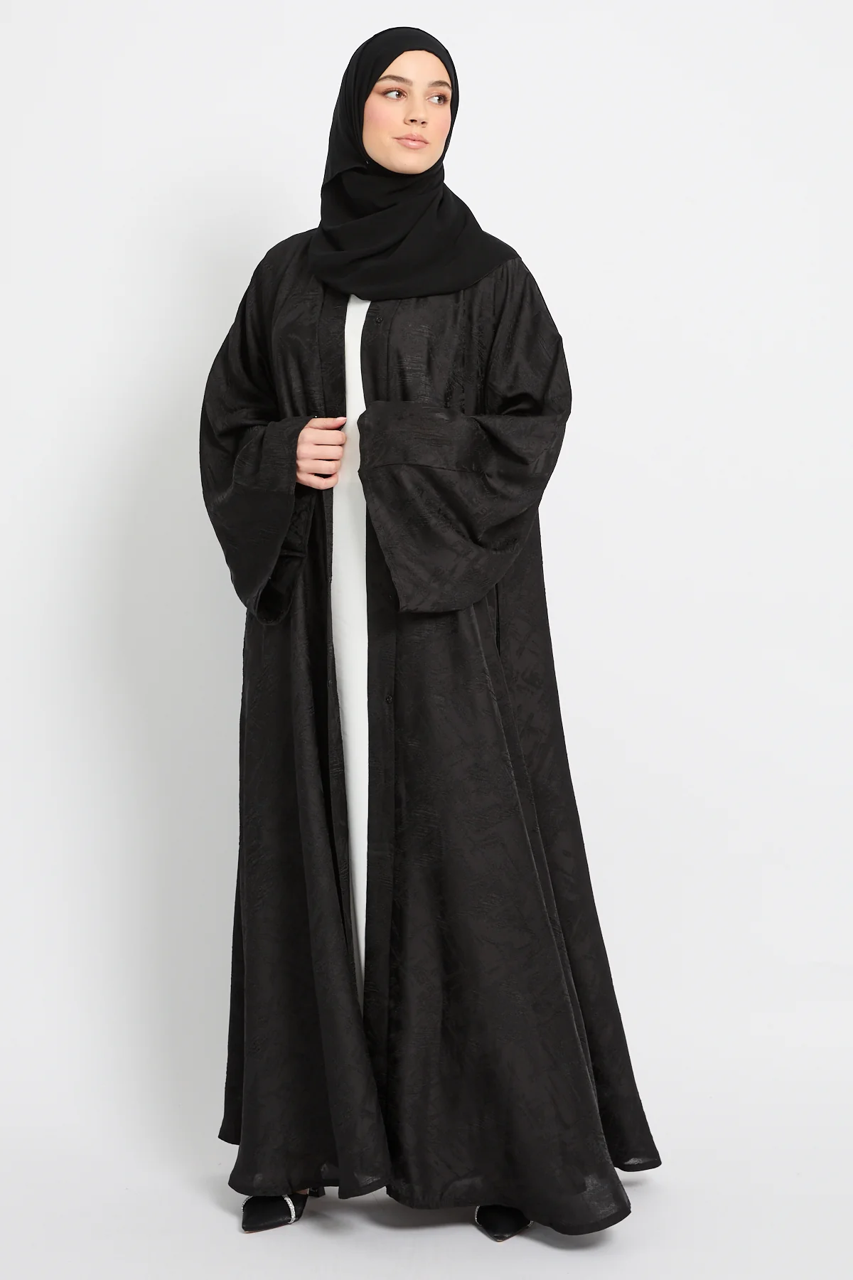 Premium Jacquard Eclipse Umbrella Cut Open Abaya - Black - Image 3