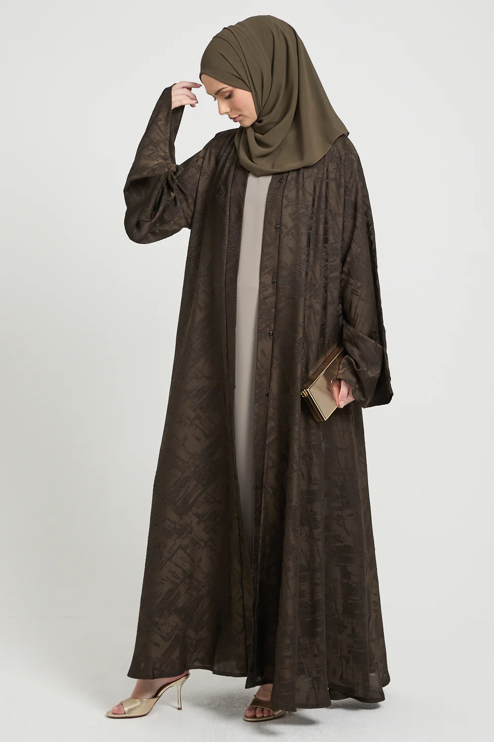 Premium Jacquard Eclipse Umbrella Cut Open Abaya - Deep Olivewood - Image 5