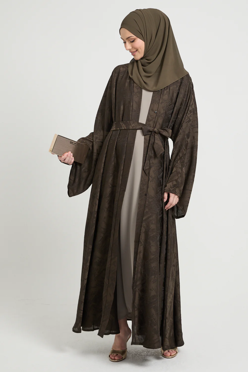 Premium Jacquard Eclipse Umbrella Cut Open Abaya - Deep Olivewood - Image 7