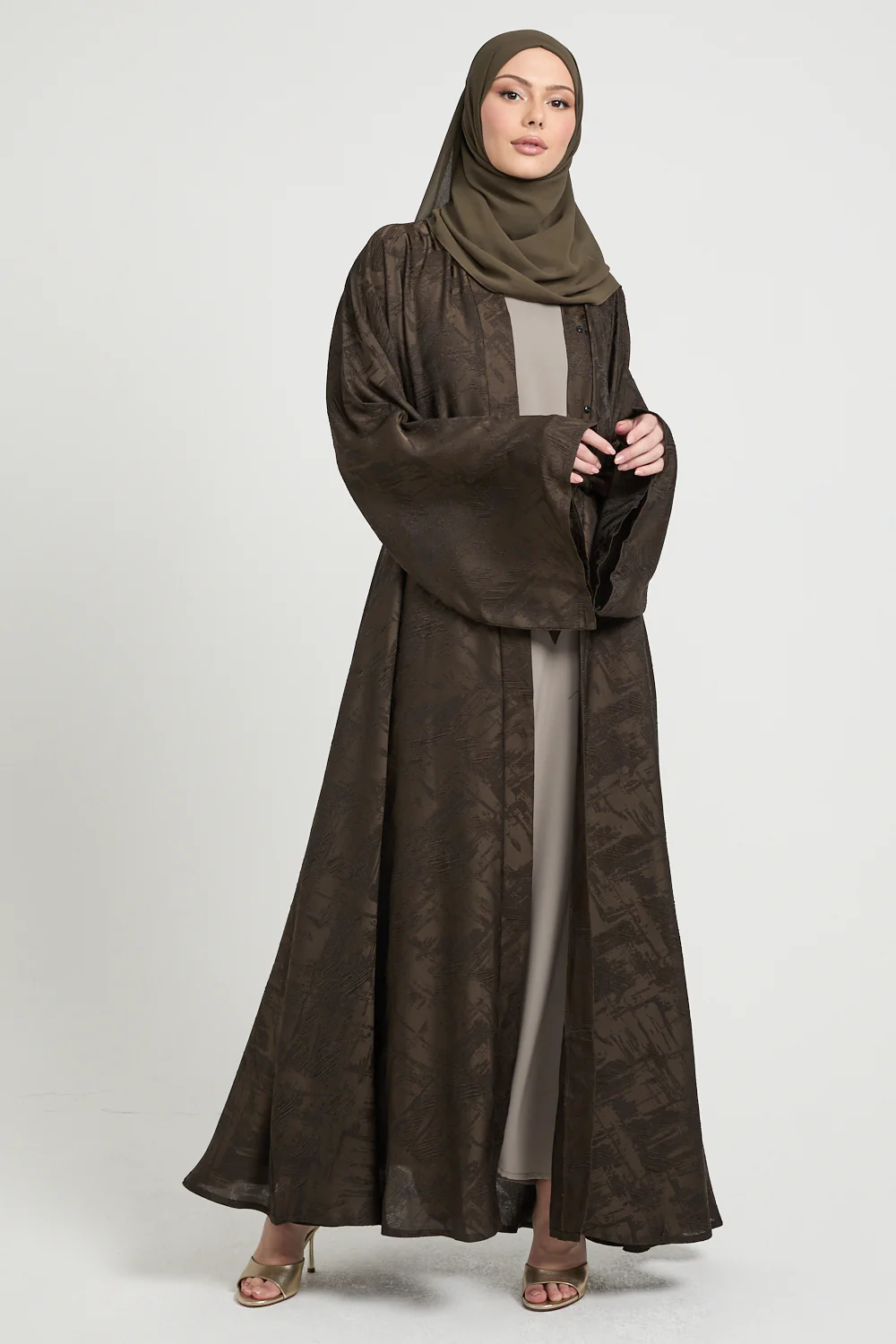 Premium Jacquard Eclipse Umbrella Cut Open Abaya - Deep Olivewood - Image 8