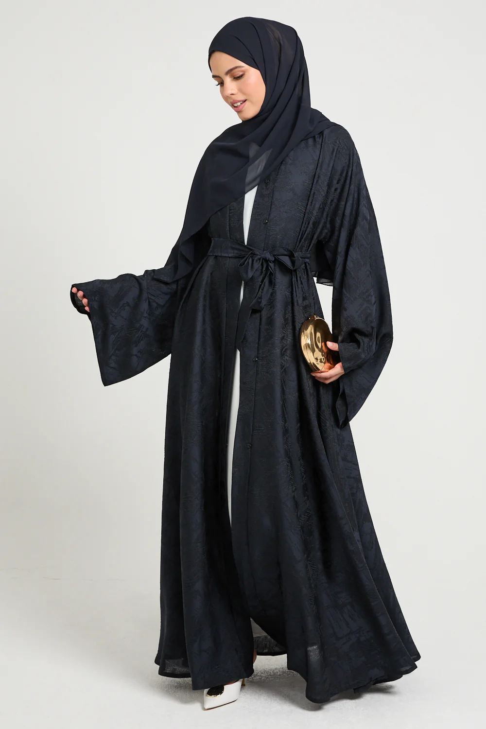 Premium Jacquard Eclipse Umbrella Cut Open Abaya - Midnight Navy