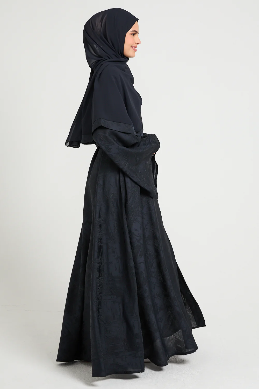 Premium Jacquard Eclipse Umbrella Cut Open Abaya - Midnight Navy - Image 10