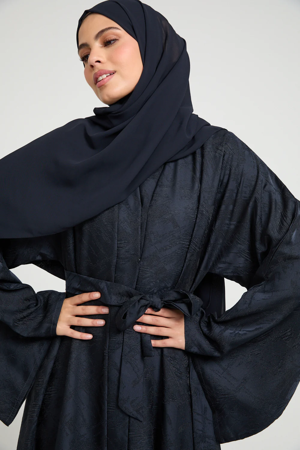Premium Jacquard Eclipse Umbrella Cut Open Abaya - Midnight Navy - Image 2