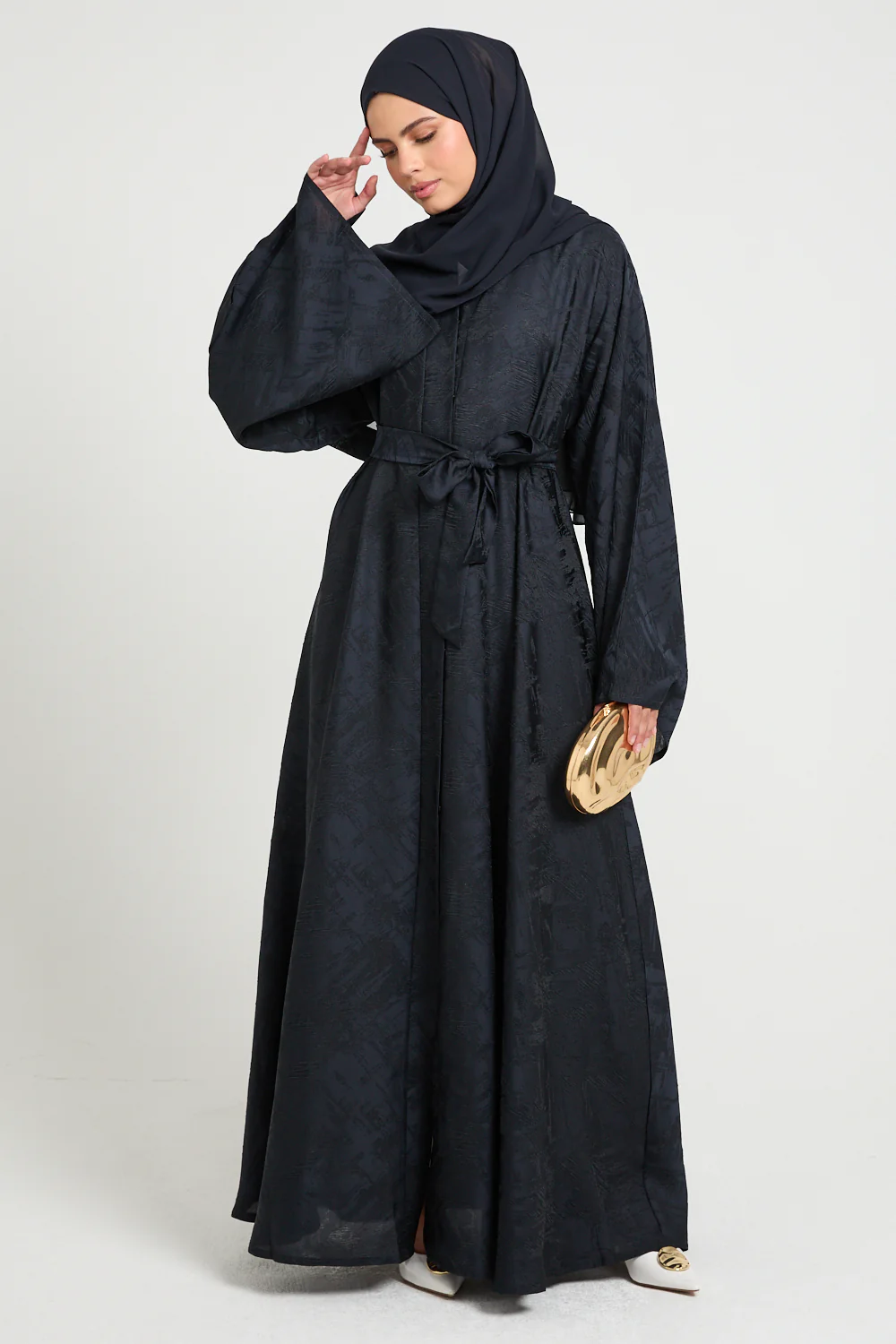 Premium Jacquard Eclipse Umbrella Cut Open Abaya - Midnight Navy - Image 3