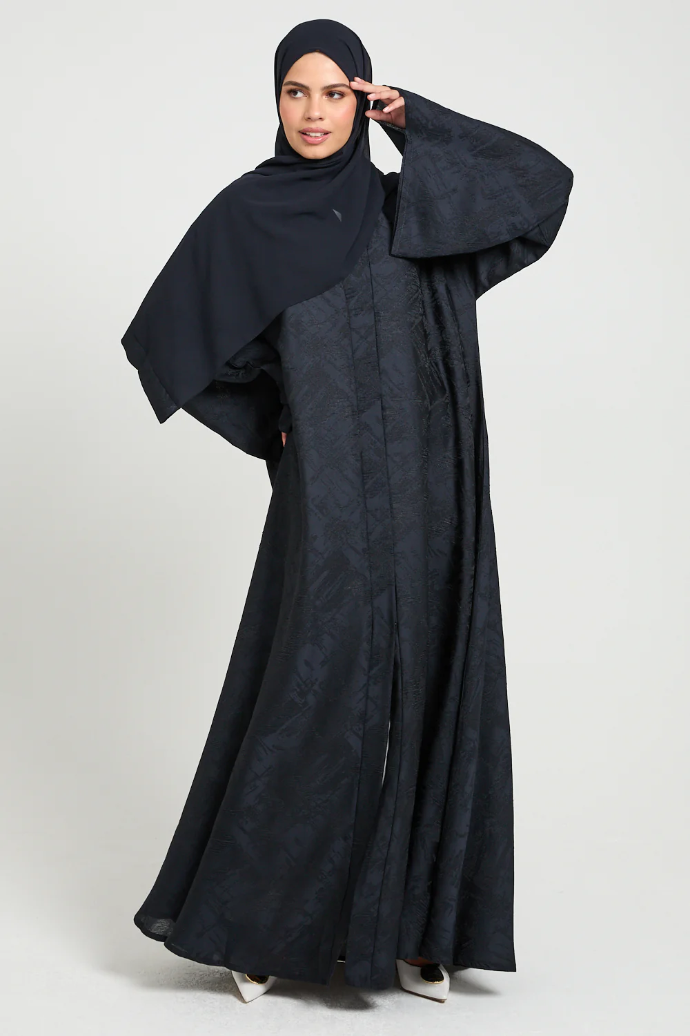 Premium Jacquard Eclipse Umbrella Cut Open Abaya - Midnight Navy - Image 5