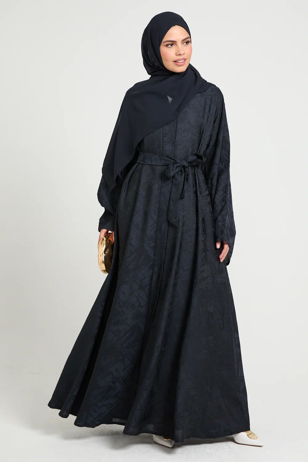 Premium Jacquard Eclipse Umbrella Cut Open Abaya - Midnight Navy - Image 6