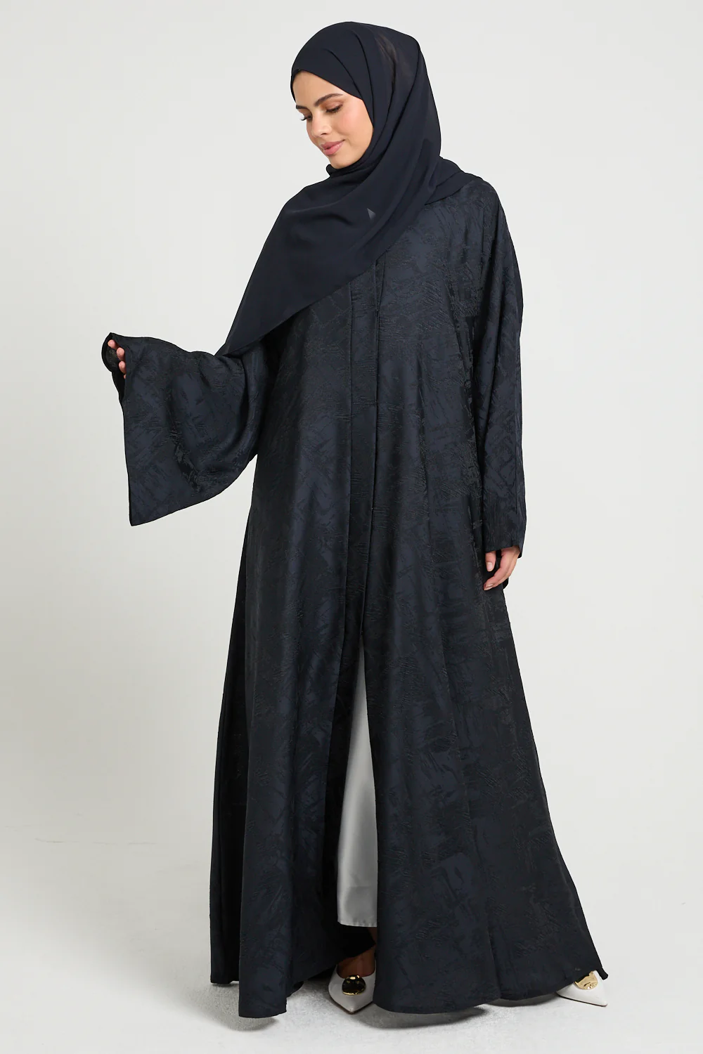 Premium Jacquard Eclipse Umbrella Cut Open Abaya - Midnight Navy - Image 7