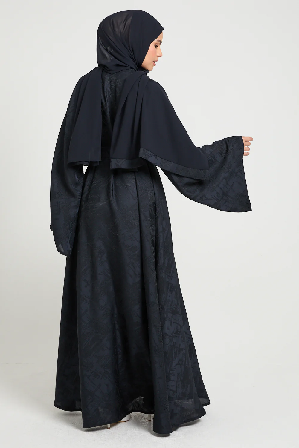 Premium Jacquard Eclipse Umbrella Cut Open Abaya - Midnight Navy - Image 8