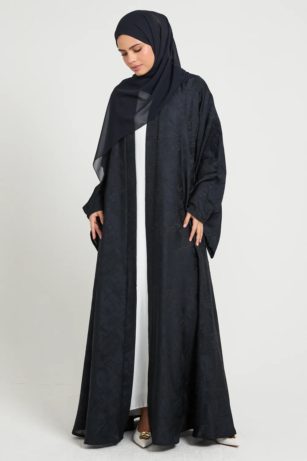 Premium Jacquard Eclipse Umbrella Cut Open Abaya - Midnight Navy - Image 9