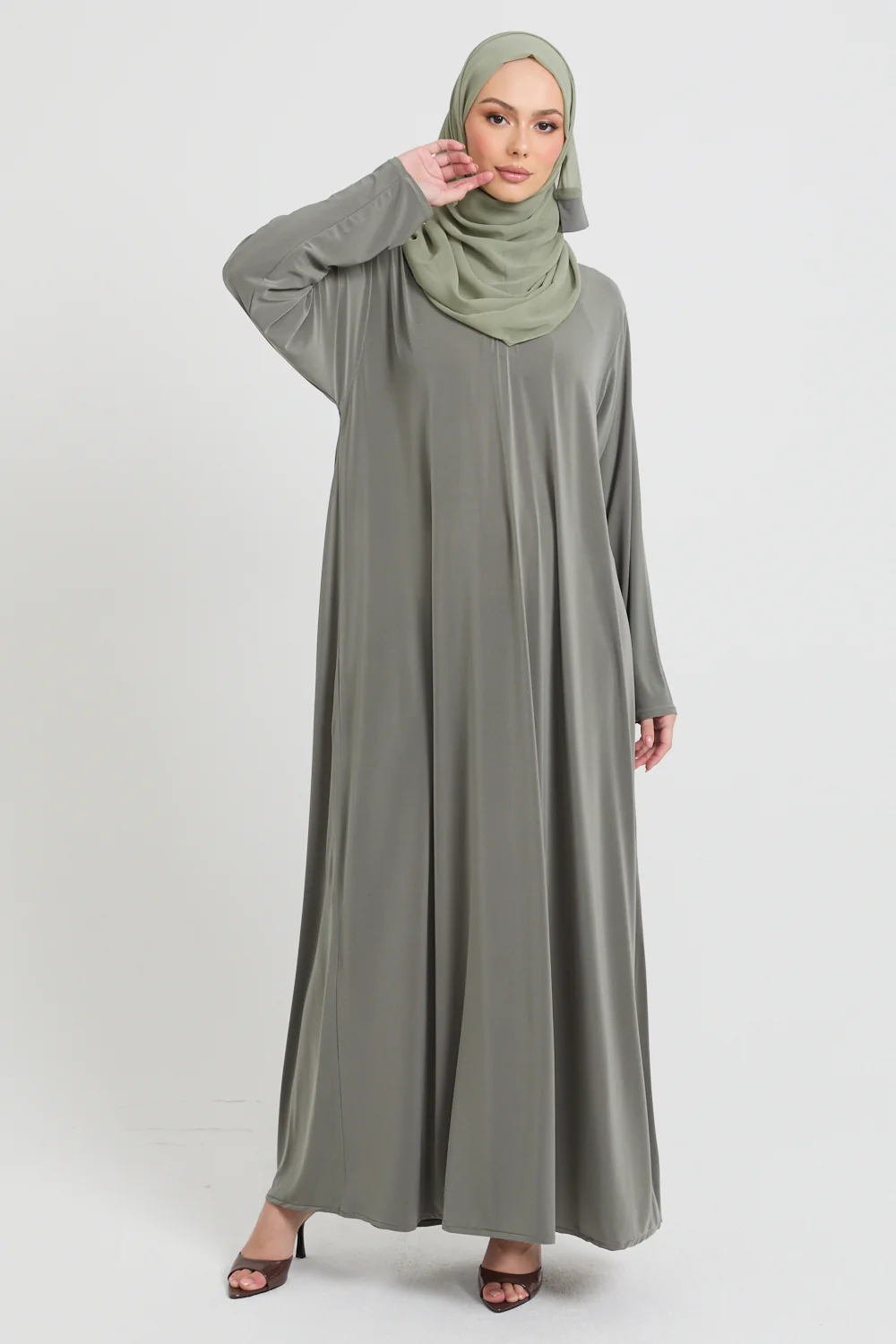 Premium Jersey Closed Abaya with Front Zip - Olive - Image 5