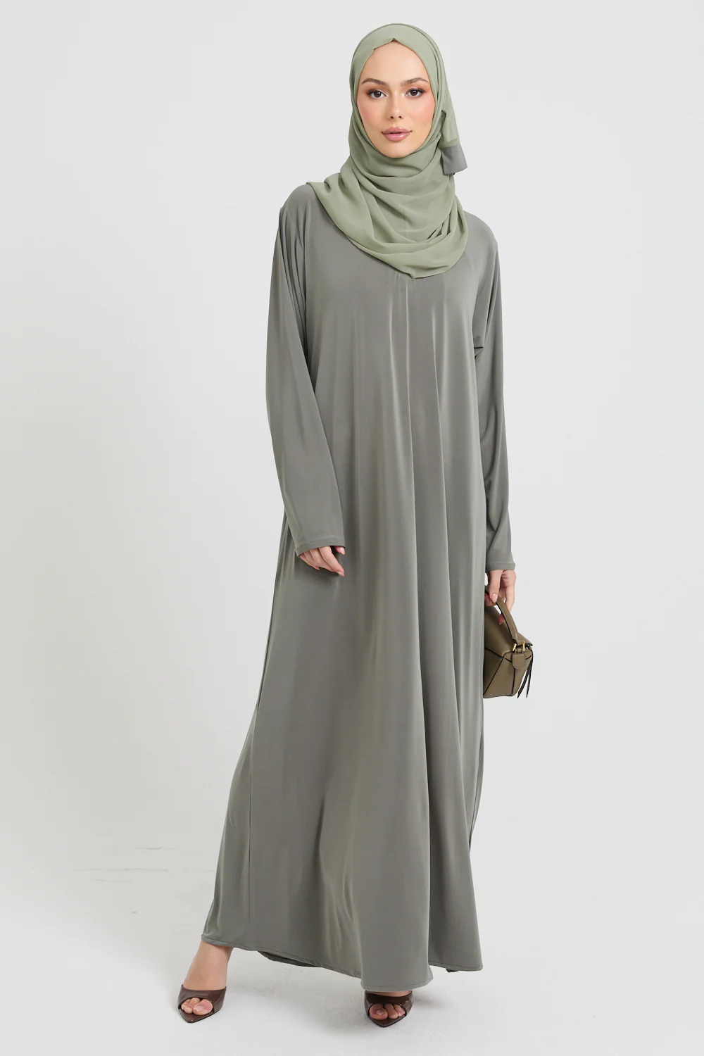 Premium Jersey Closed Abaya with Front Zip - Olive - Image 7