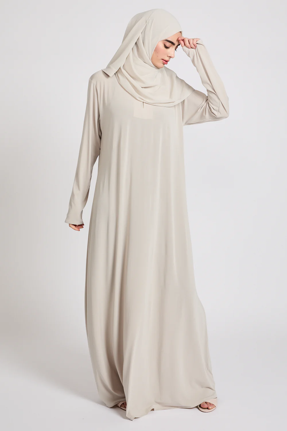 Premium Jersey Closed Abaya with Front Zip - Pebble Beige - Image 3