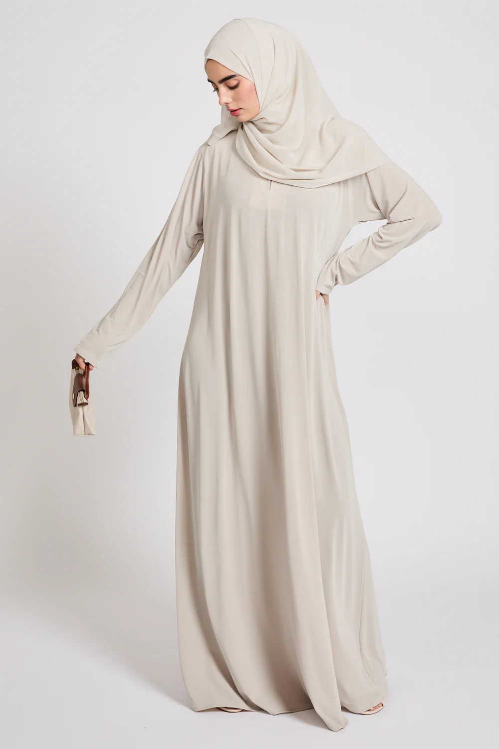 Premium Jersey Closed Abaya with Front Zip - Pebble Beige - Image 5