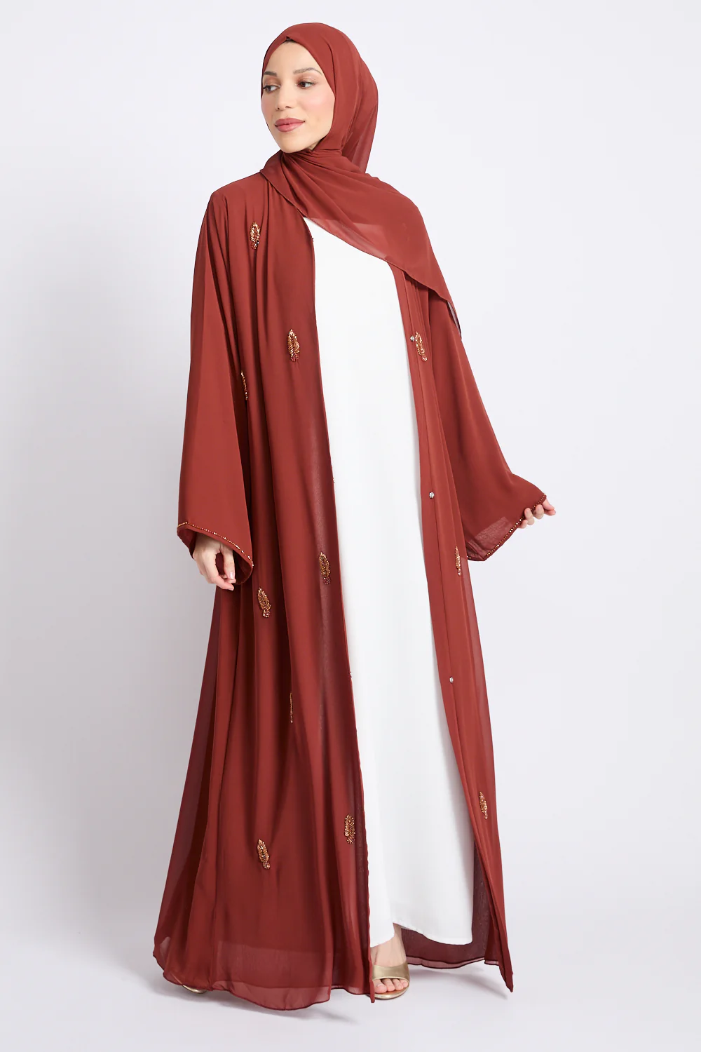 Premium Jewel Motif Embellished Chiffon Open Abaya - Amber Terracotta