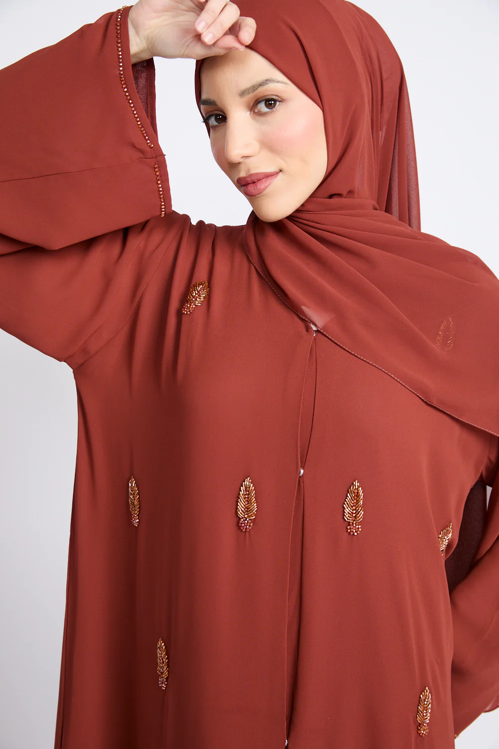 Premium Jewel Motif Embellished Chiffon Open Abaya - Amber Terracotta - Image 2