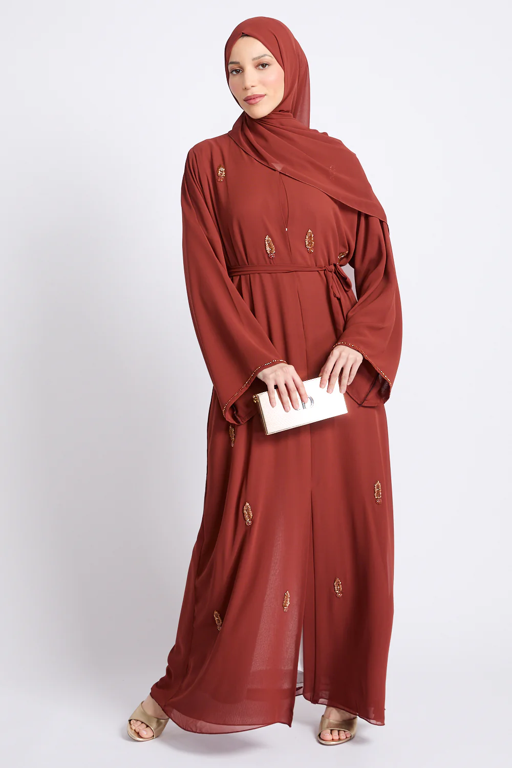 Premium Jewel Motif Embellished Chiffon Open Abaya - Amber Terracotta - Image 3