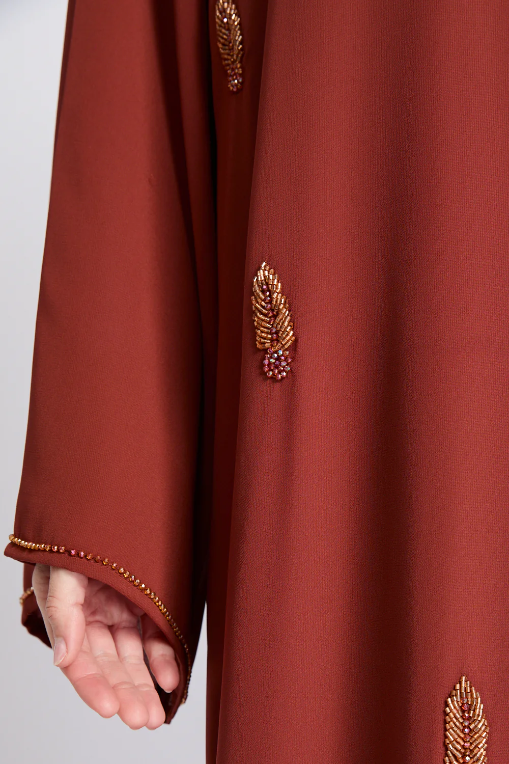 Premium Jewel Motif Embellished Chiffon Open Abaya - Amber Terracotta - Image 4
