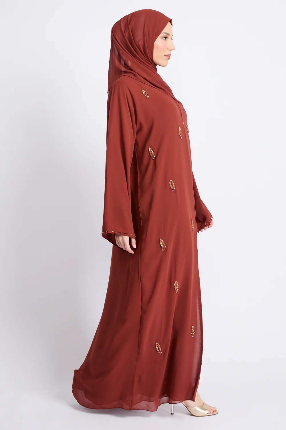 Premium Jewel Motif Embellished Chiffon Open Abaya - Amber Terracotta - Image 5