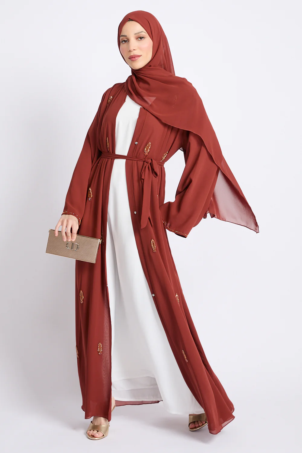 Premium Jewel Motif Embellished Chiffon Open Abaya - Amber Terracotta - Image 6