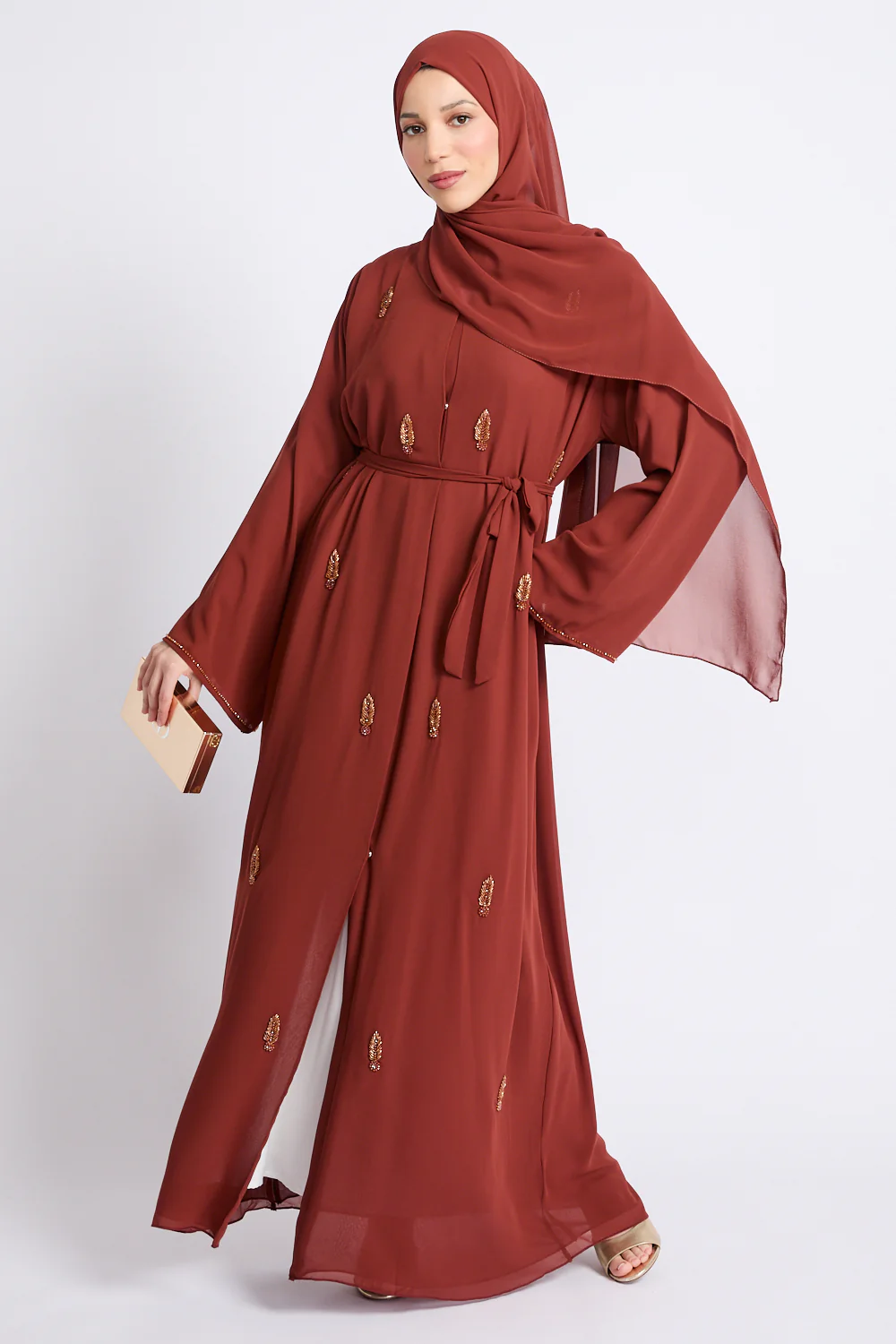 Premium Jewel Motif Embellished Chiffon Open Abaya - Amber Terracotta - Image 7