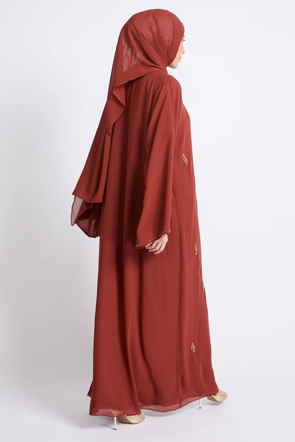 Premium Jewel Motif Embellished Chiffon Open Abaya - Amber Terracotta - Image 8