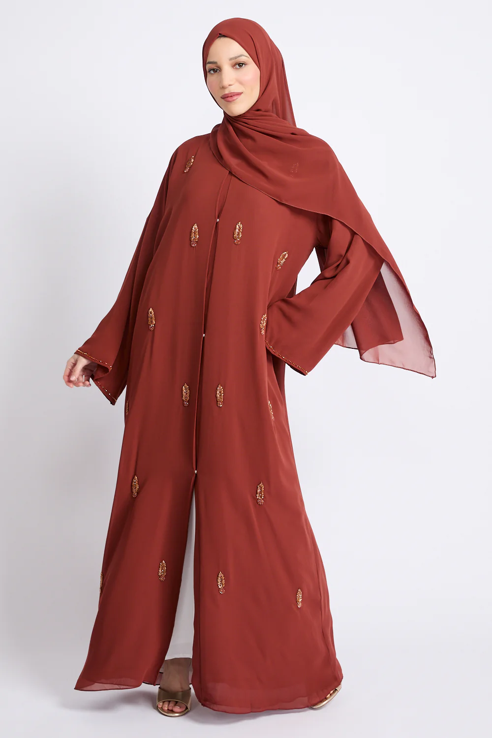 Premium Jewel Motif Embellished Chiffon Open Abaya - Amber Terracotta - Image 9