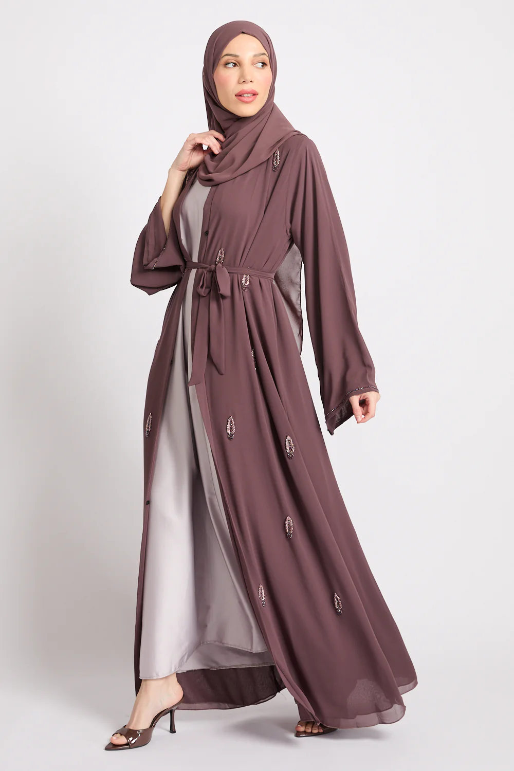Premium Jewel Motif Embellished Chiffon Open Abaya - Mink Mauve
