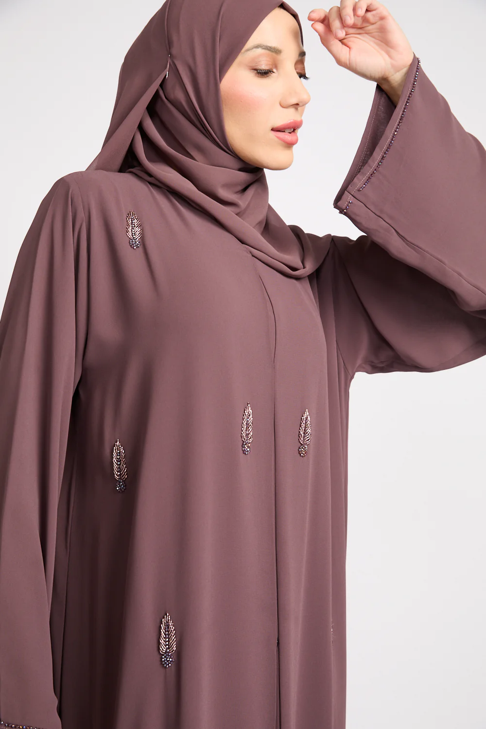 Premium Jewel Motif Embellished Chiffon Open Abaya - Mink Mauve - Image 2