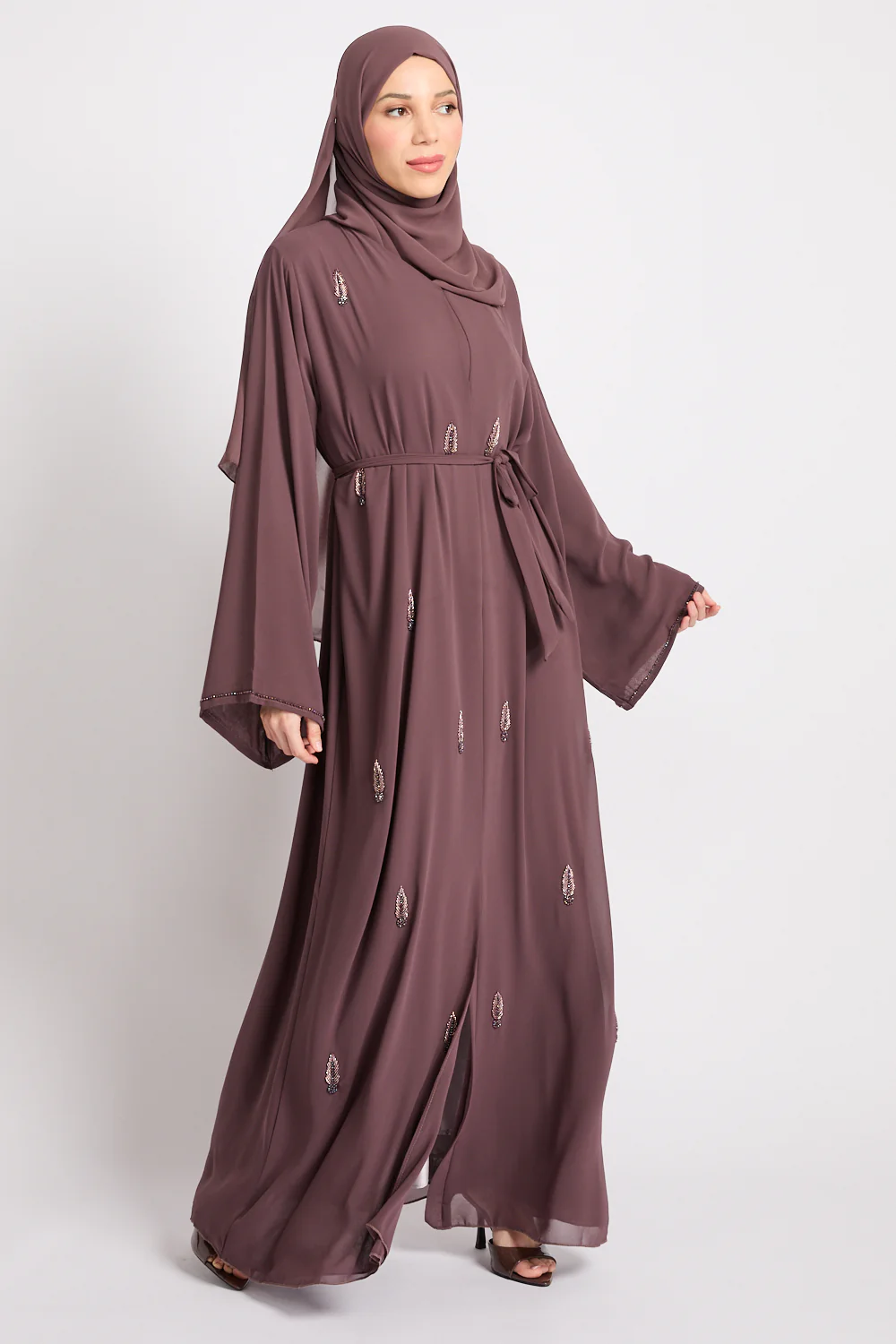 Premium Jewel Motif Embellished Chiffon Open Abaya - Mink Mauve - Image 3